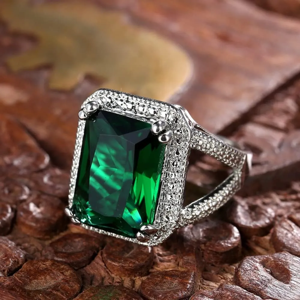 Fashion Jewelry 14k Platinum Filled Perfect Princess Cut Square Emerald Gemstone Birthstone Wedding Bridal Band Ring for Women