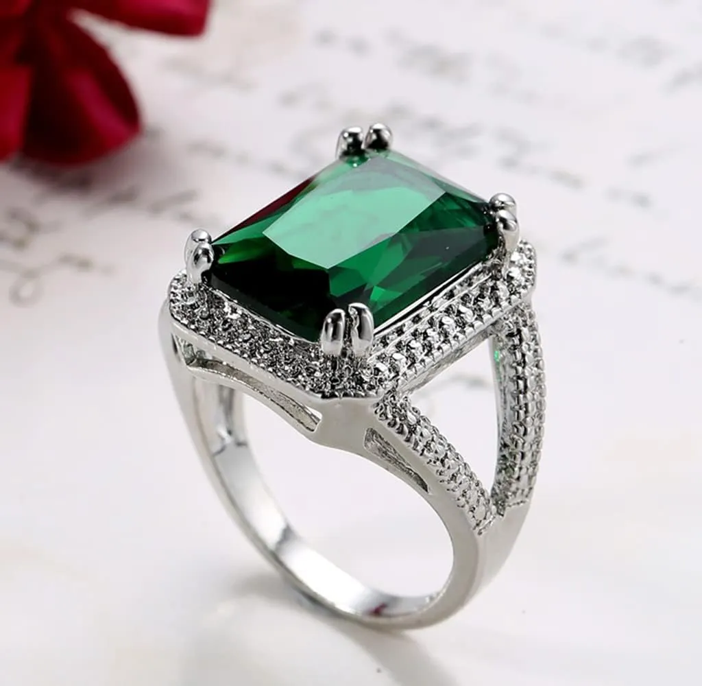 Fashion Jewelry 14k Platinum Filled Perfect Princess Cut Square Emerald Gemstone Birthstone Wedding Bridal Band Ring for Women