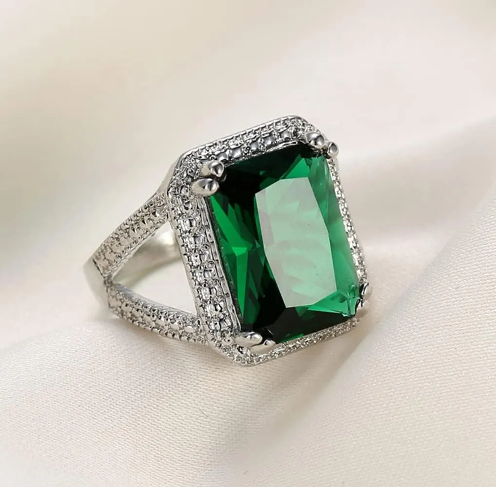 Fashion Jewelry 14k Platinum Filled Perfect Princess Cut Square Emerald Gemstone Birthstone Wedding Bridal Band Ring for Women