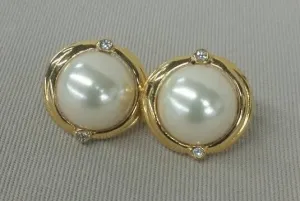 Faux pearl round clip on earrings with rhinestone accents