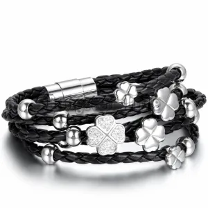 Four Leaf Clover Black Leather Braided Bracelet