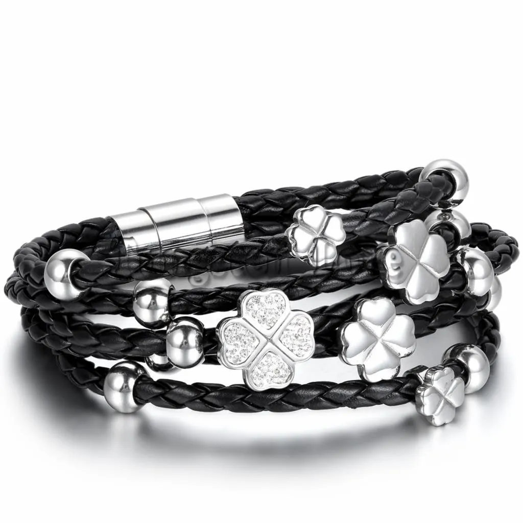 Four Leaf Clover Black Leather Braided Bracelet