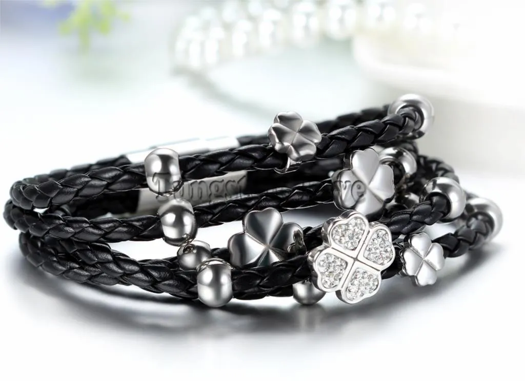 Four Leaf Clover Black Leather Braided Bracelet
