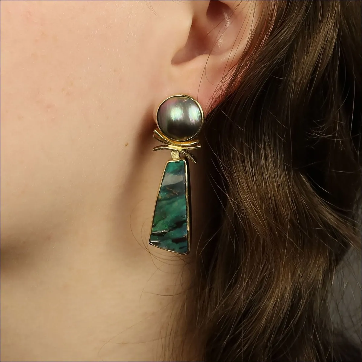 Freeform Boulder Opal Sea of Cortez Pearl Earrings 18KY