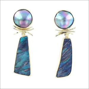 Freeform Boulder Opal Sea of Cortez Pearl Earrings 18KY