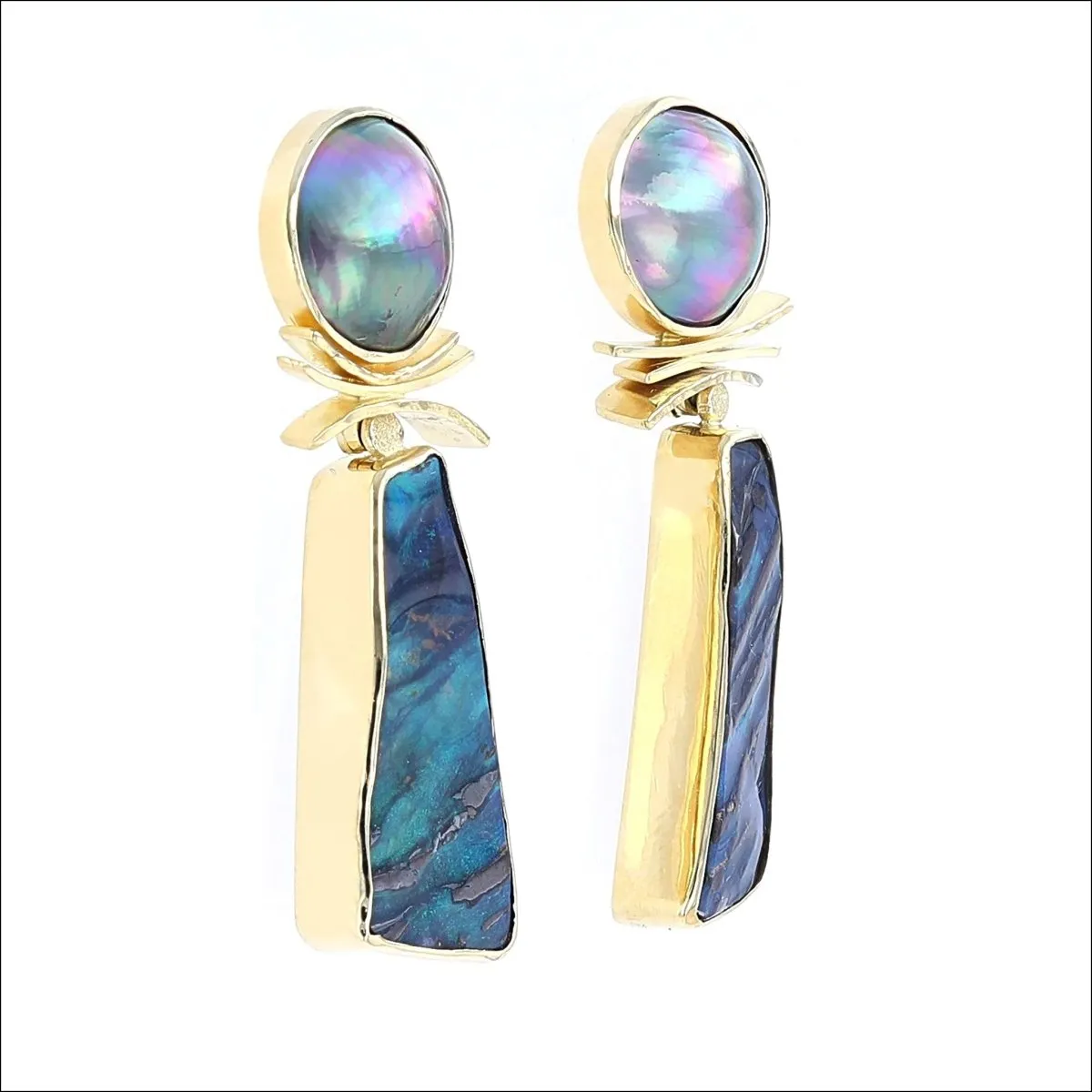 Freeform Boulder Opal Sea of Cortez Pearl Earrings 18KY