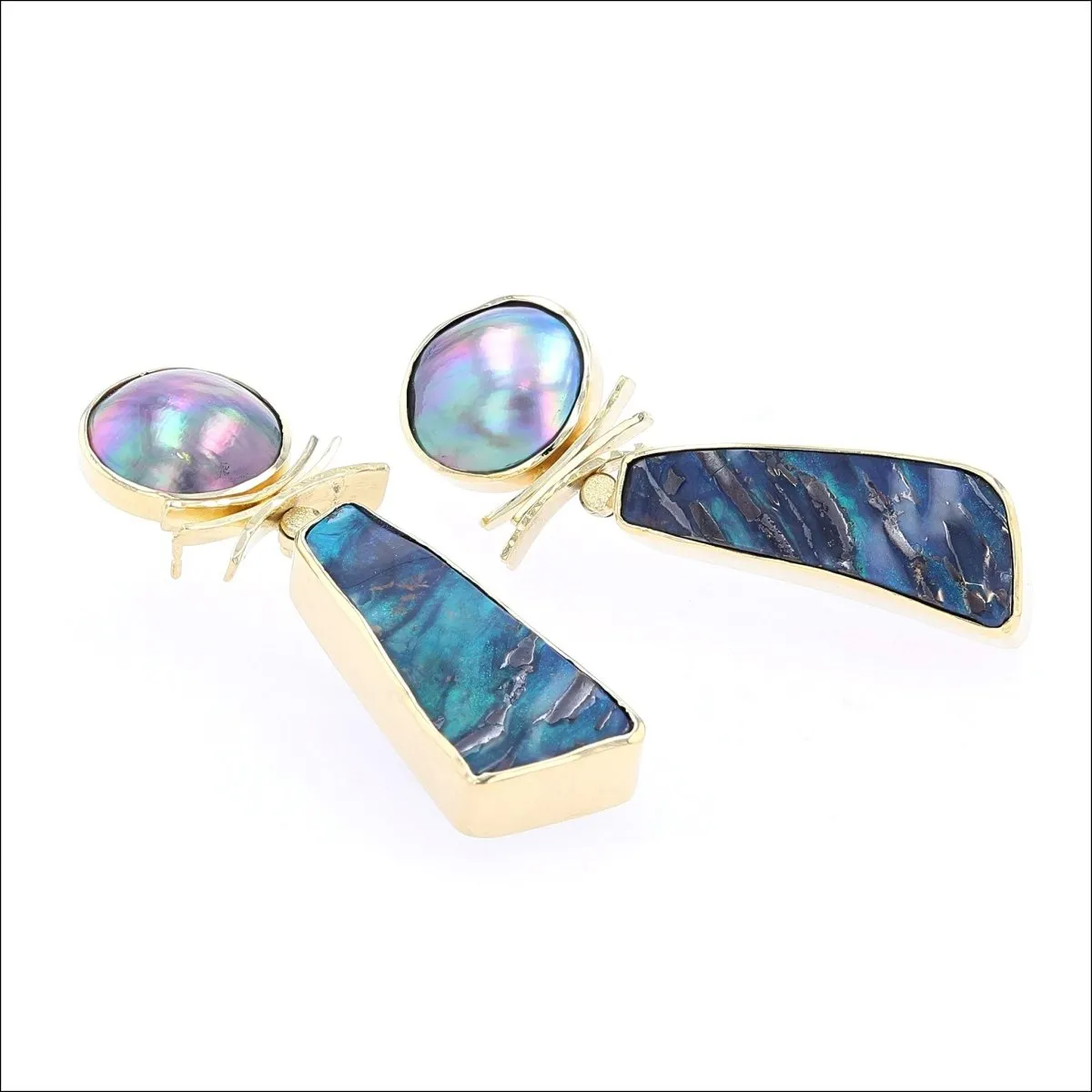Freeform Boulder Opal Sea of Cortez Pearl Earrings 18KY