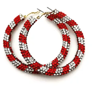 Glittering Large Red and White Rhinestone Hoop Earrings