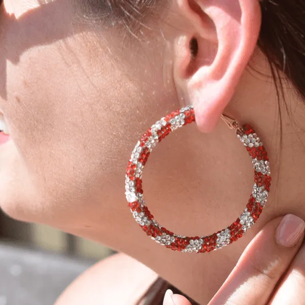 Glittering Large Red and White Rhinestone Hoop Earrings