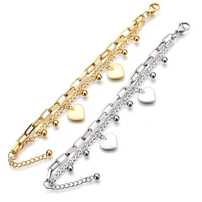 Gold Chain Link Heart Bangle Bracelet For Women Stainless Jewelry