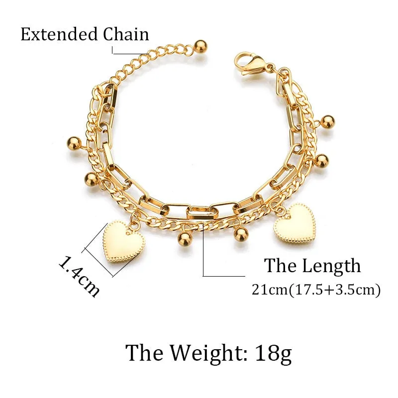 Gold Chain Link Heart Bangle Bracelet For Women Stainless Jewelry
