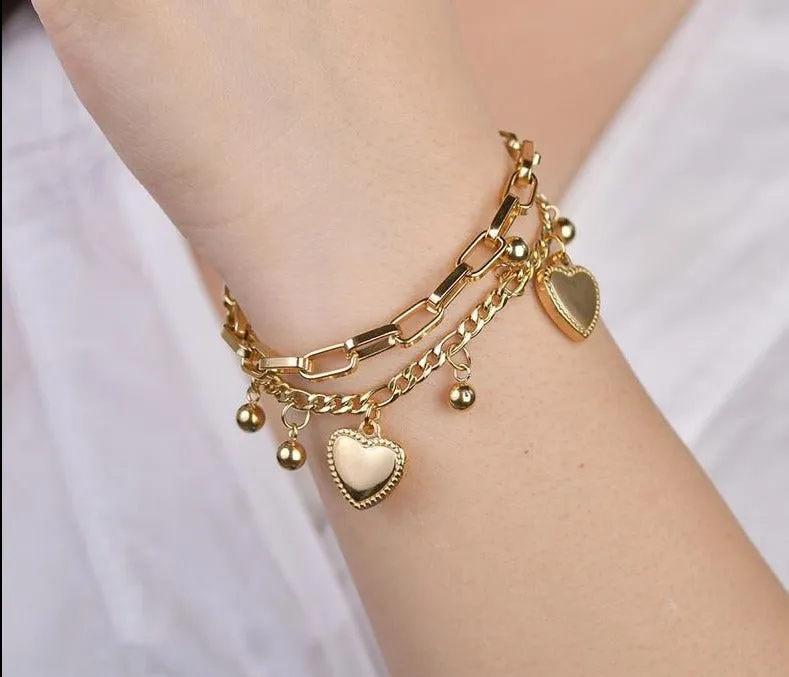 Gold Chain Link Heart Bangle Bracelet For Women Stainless Jewelry