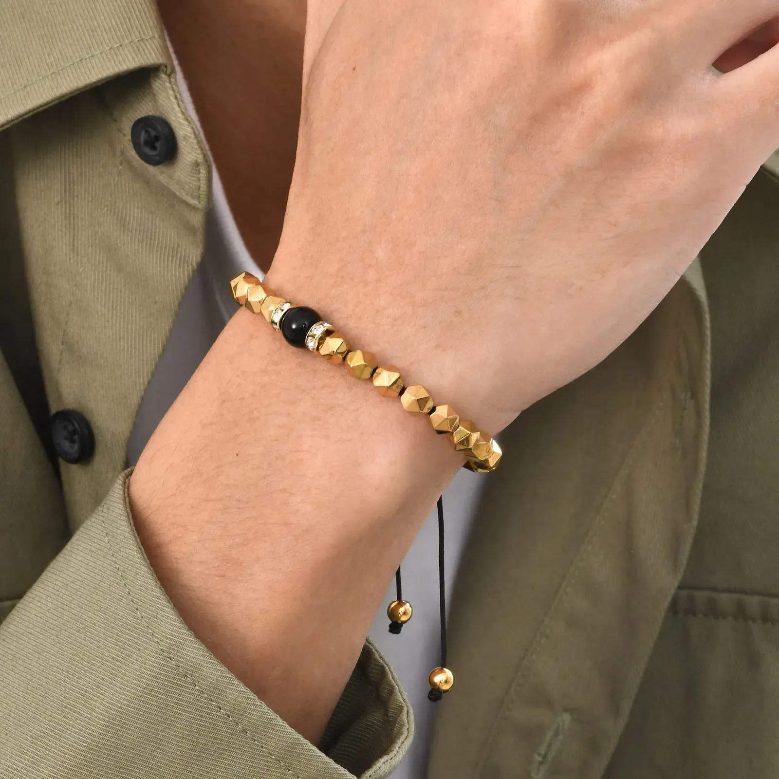 Gold Color Hematite Bracelets for Men Boys,Round Circular Cutting Surface Beads Bracelet