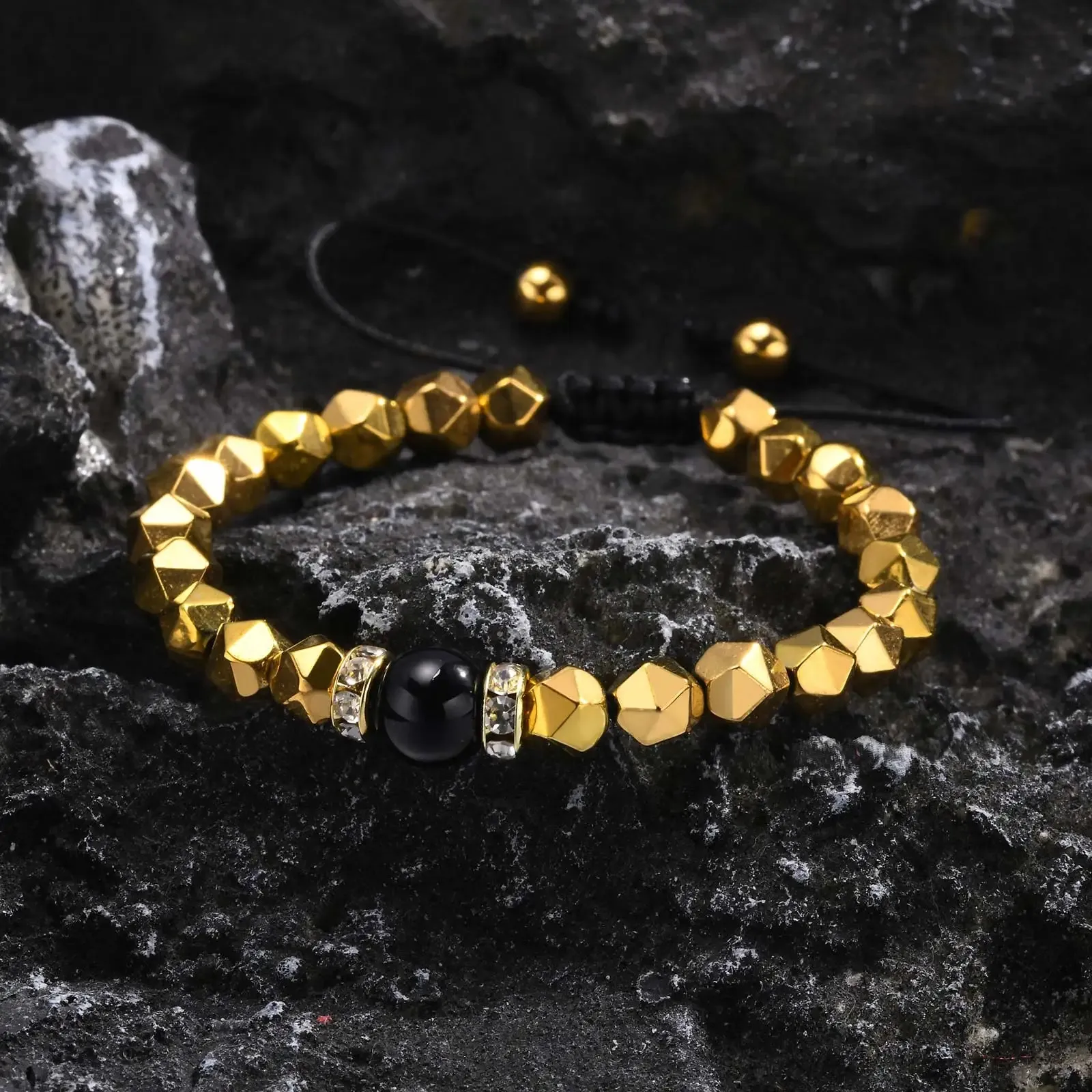 Gold Color Hematite Bracelets for Men Boys,Round Circular Cutting Surface Beads Bracelet