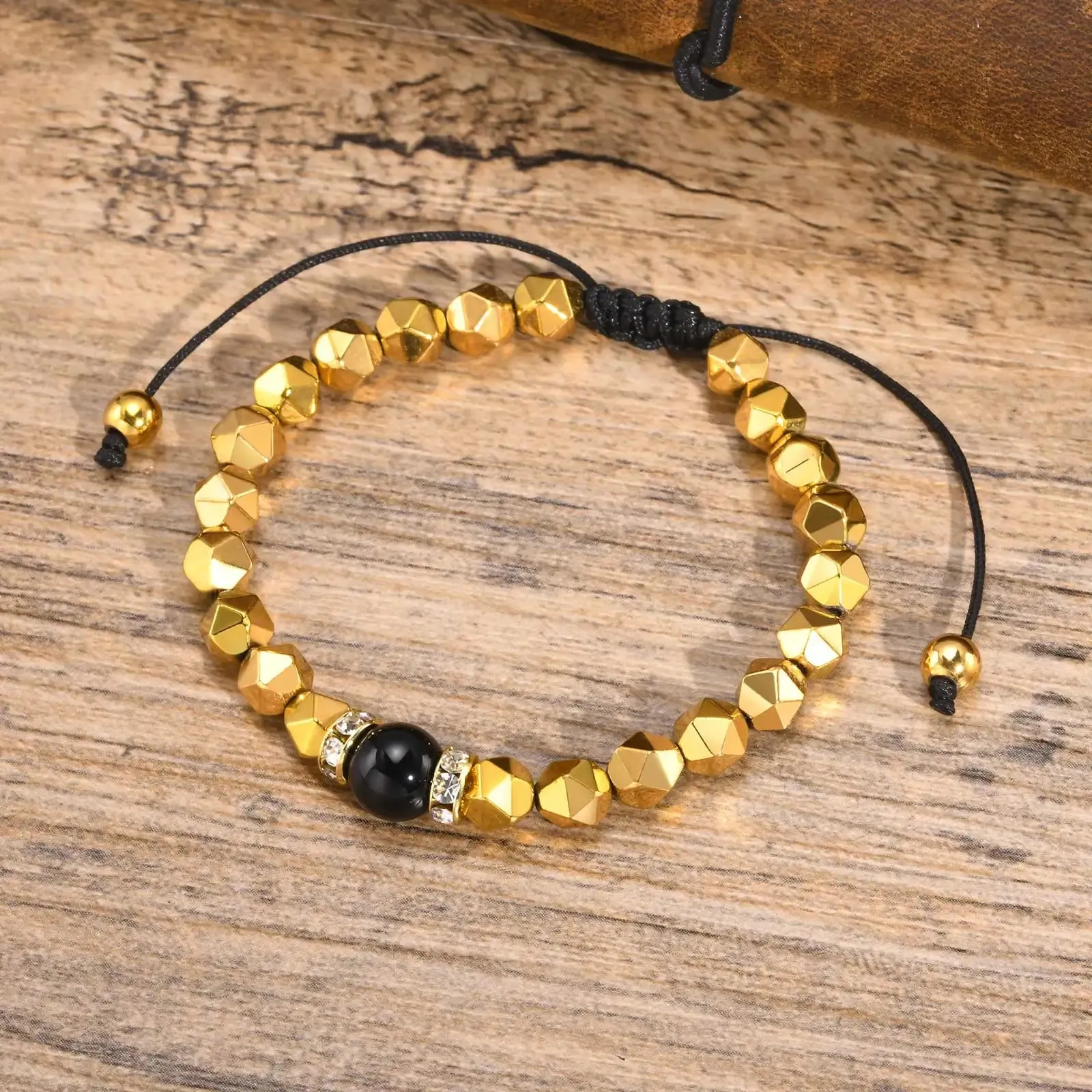 Gold Color Hematite Bracelets for Men Boys,Round Circular Cutting Surface Beads Bracelet