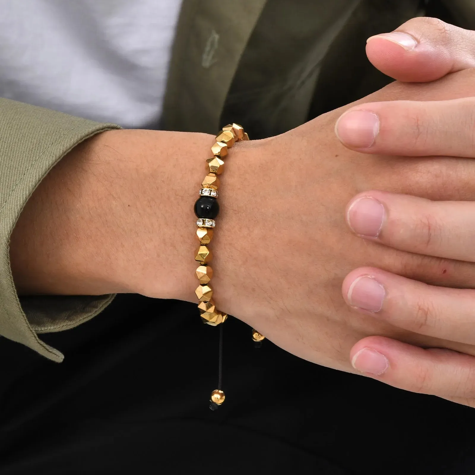 Gold Color Hematite Bracelets for Men Boys,Round Circular Cutting Surface Beads Bracelet