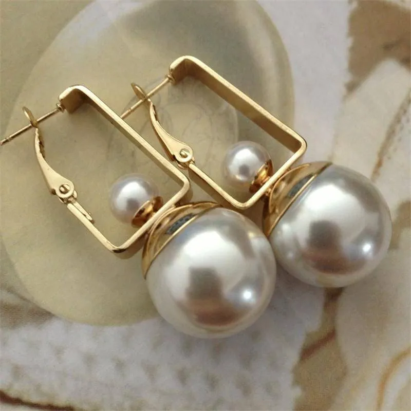 Gold Geometric Double Pearls Dangle Earrings