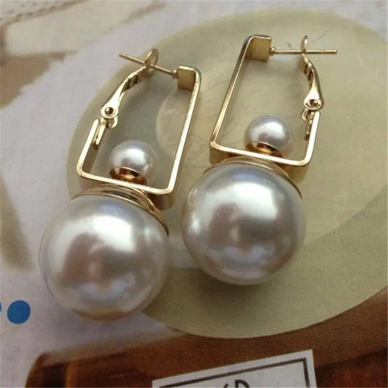 Gold Geometric Double Pearls Dangle Earrings
