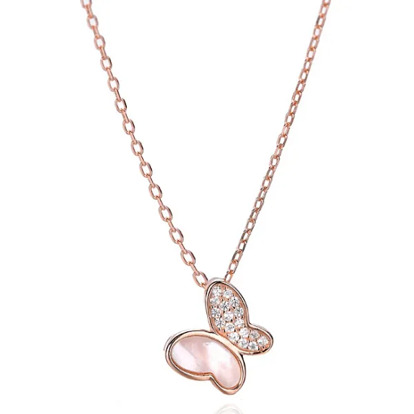 Graceful Mother of Pearl & CZ Butterfly Sterling Silver Necklace