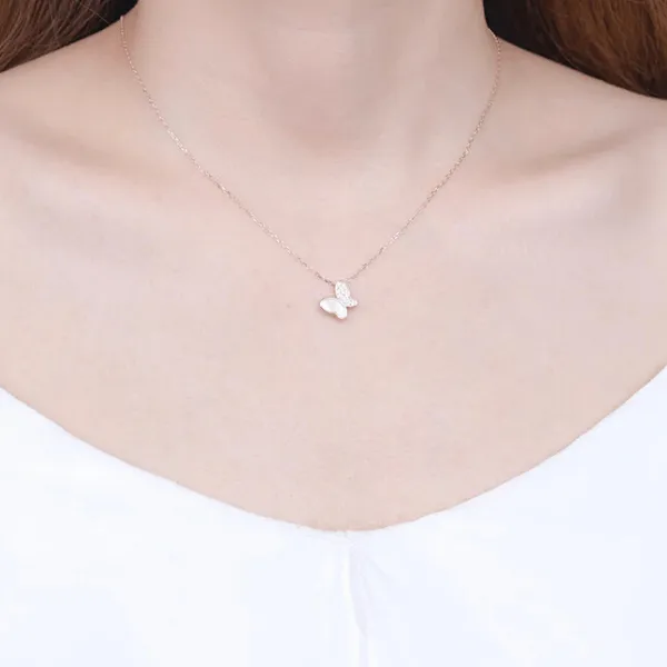 Graceful Mother of Pearl & CZ Butterfly Sterling Silver Necklace