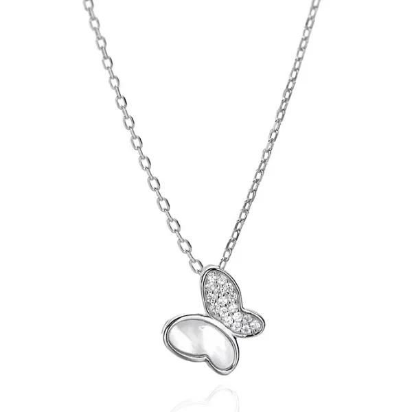 Graceful Mother of Pearl & CZ Butterfly Sterling Silver Necklace