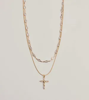 Graceful Shine Layered Cross Charm Rhinestone Necklace