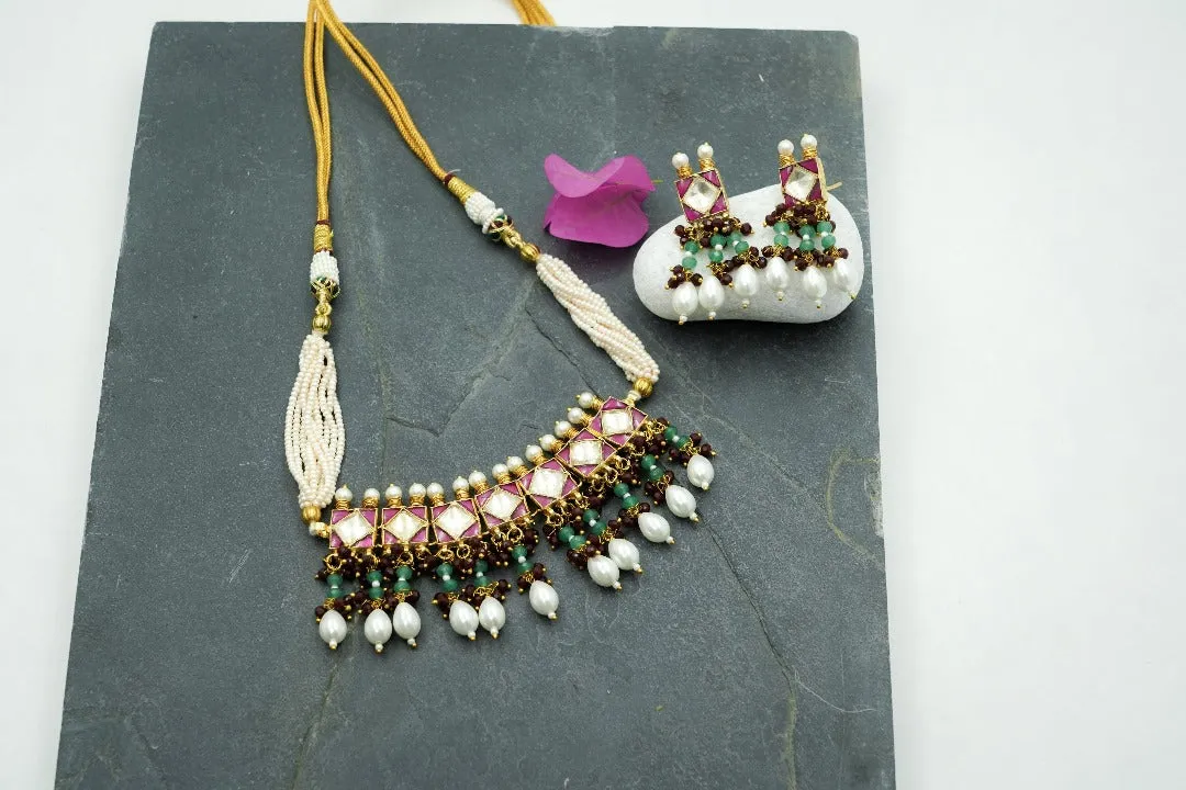 Green & Ruby Jeweled Kundan Choker with Earrings (Necklace and Earrings Set)