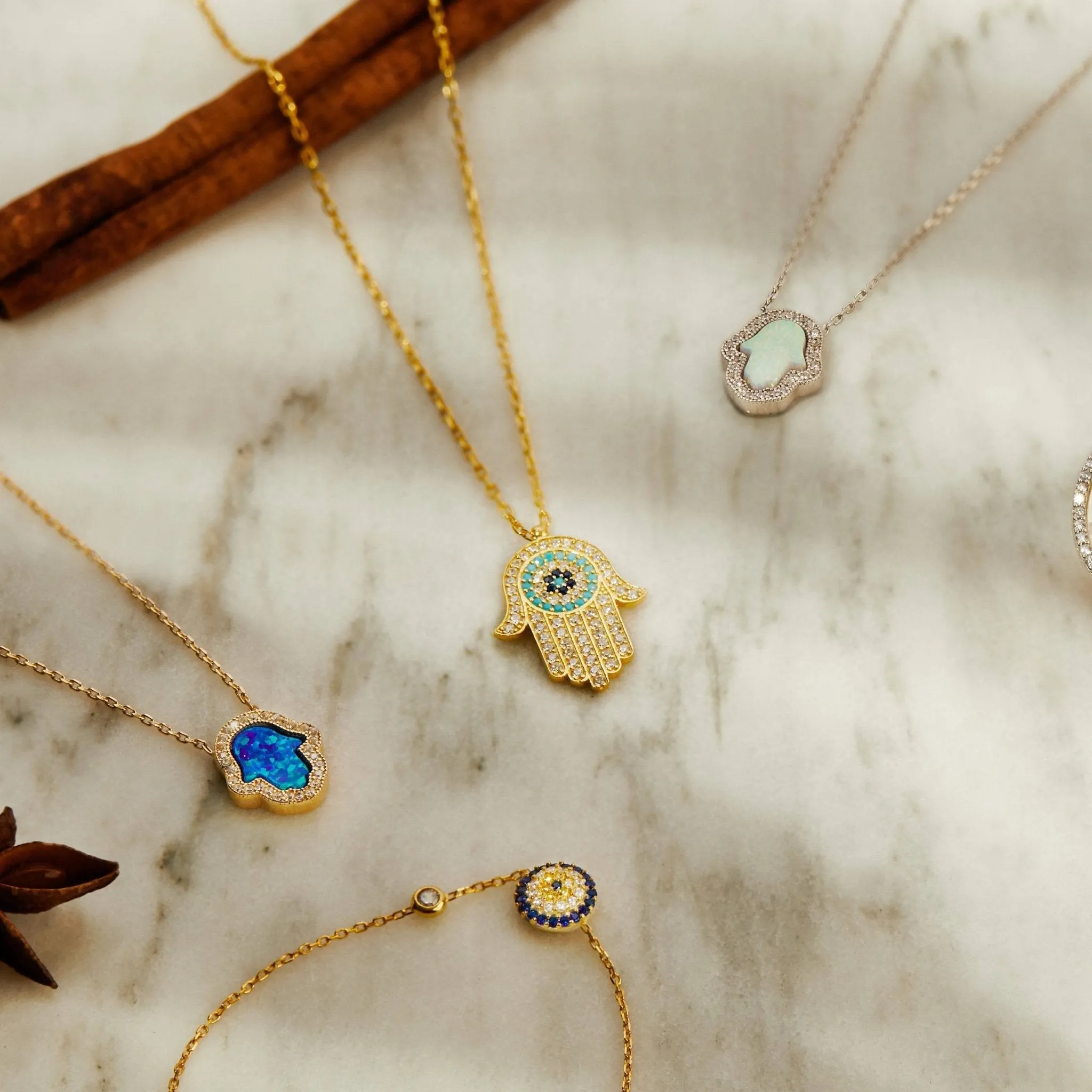 Hamsa Opalite Turquoise Blue Necklace Dipped in Gold