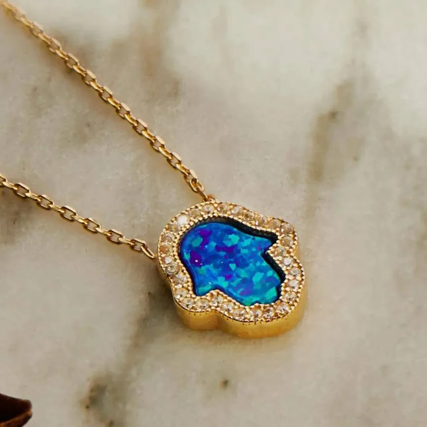 Hamsa Opalite Turquoise Blue Necklace Dipped in Gold