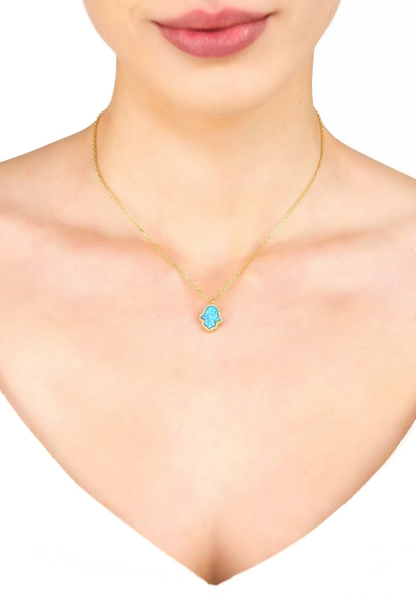 Hamsa Opalite Turquoise Blue Necklace Dipped in Gold