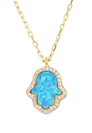 Hamsa Opalite Turquoise Blue Necklace Dipped in Gold