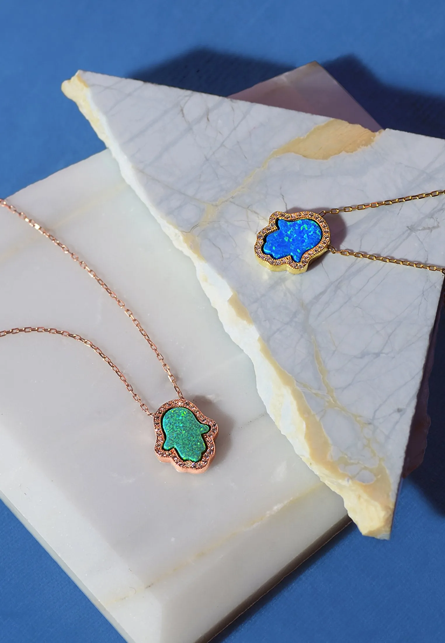 Hamsa Opalite Turquoise Blue Necklace Dipped in Gold