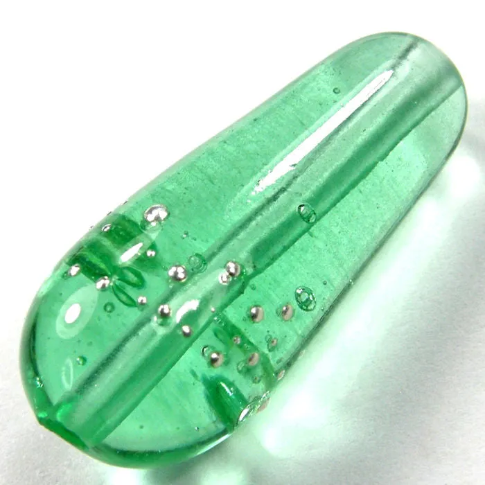 Handmade Lampwork Glass Focal Bead, Teardrop Pale Emerald Green Silver Shiny