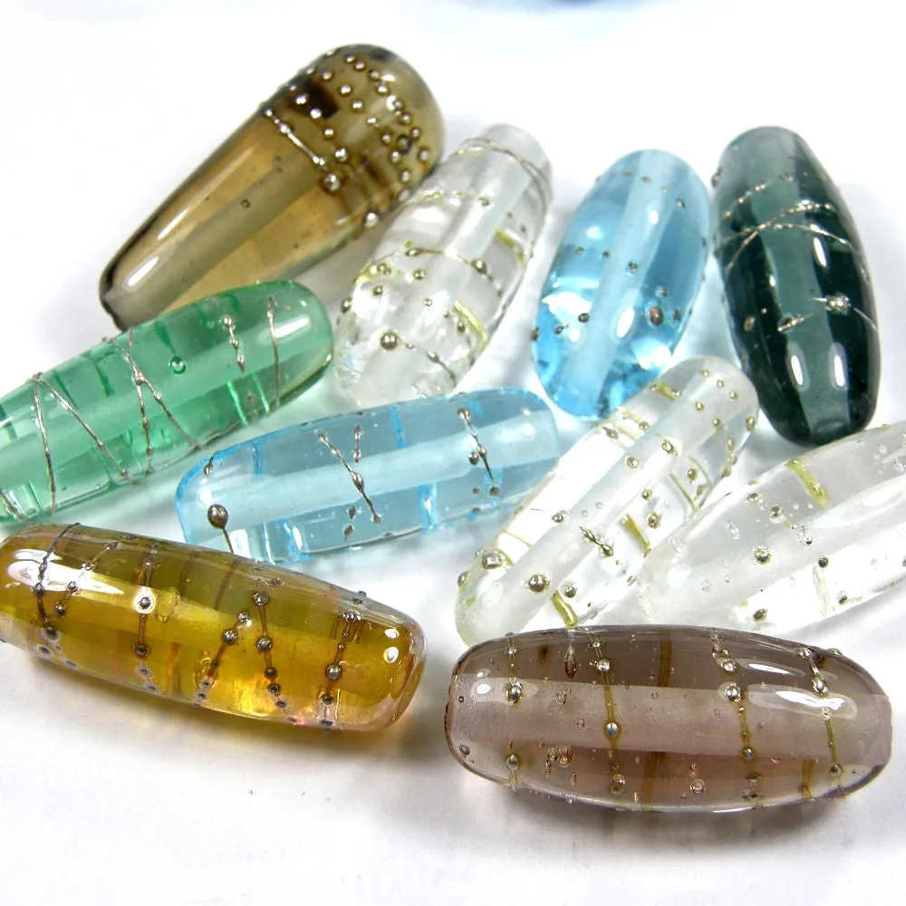 Handmade Lampwork Glass Focal Beads,Pale Emerald Green Silver Shiny Oblong