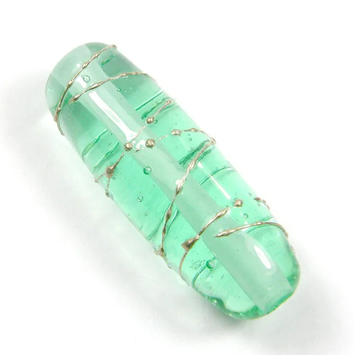 Handmade Lampwork Glass Focal Beads,Pale Emerald Green Silver Shiny Oblong