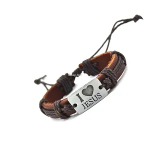 I Love Jesus Leather Charm Bracelet Cuff