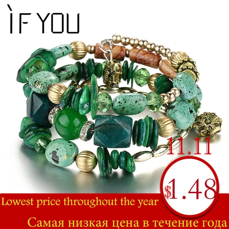 IF YOU Bohemian Beads Crystal Charms Bracelets For Women Ethnic Tibet Multilayer Imitation Natural Stone Bracelets Bangles Men
