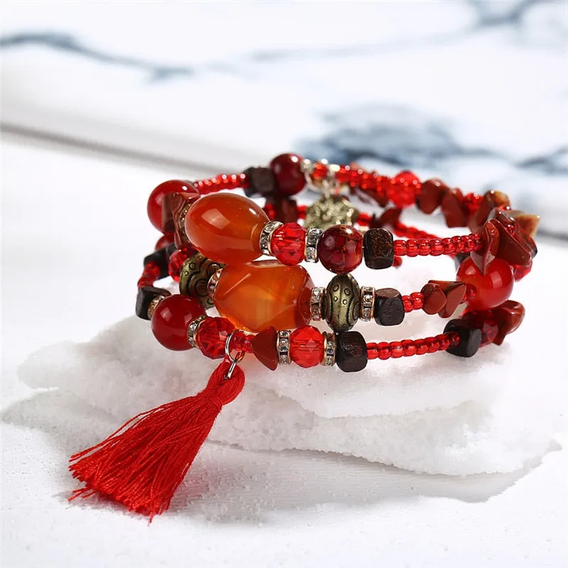 IF YOU Multilayer Bohemian Beads Charms Bracelets For Women Ethnic Tibet Colorful Imitation Natural Stone Bracelets Bangles Men