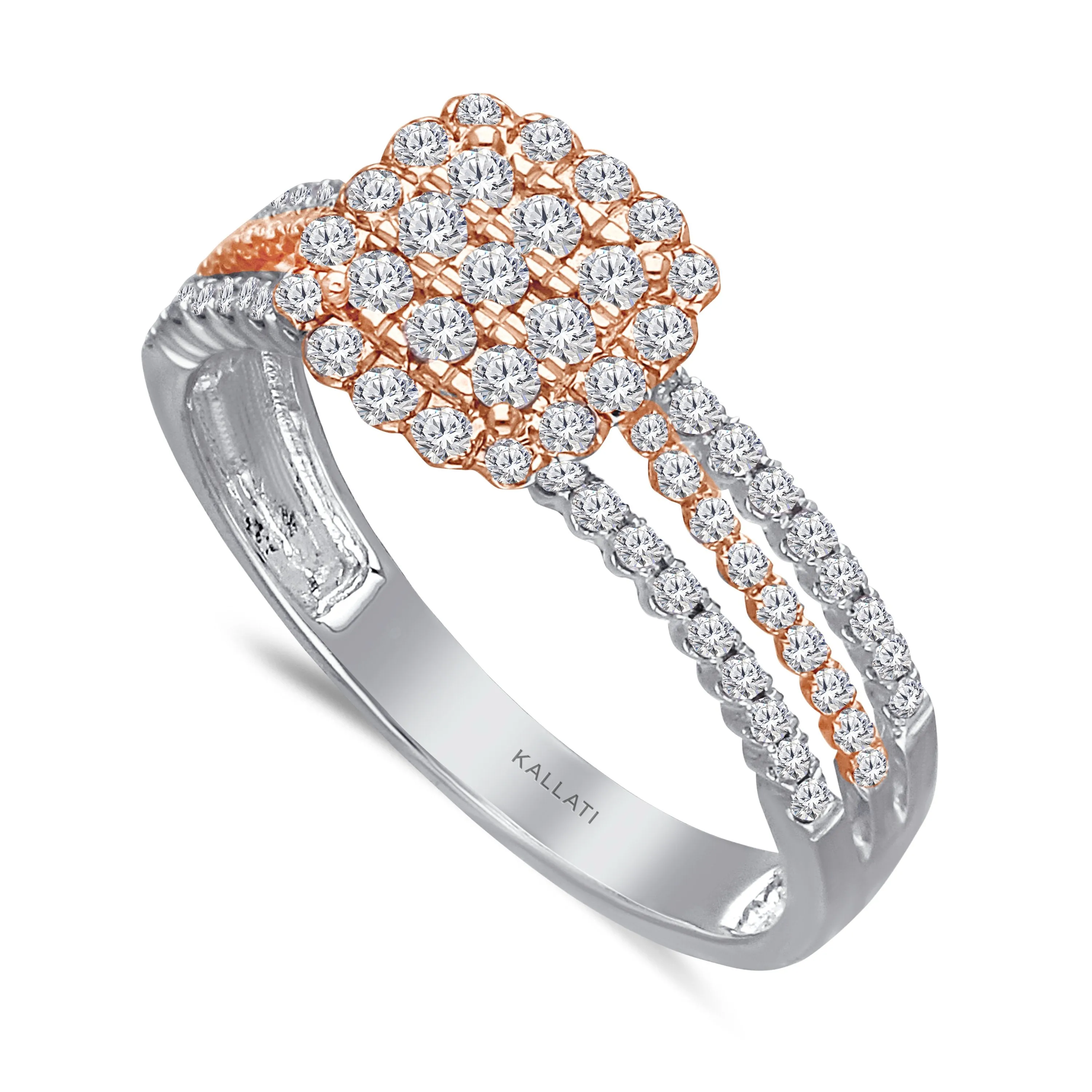 Kallati Eternal Cushion Diamond Cluster Engagement Ring in 14K Two Tone White and Rose Gold