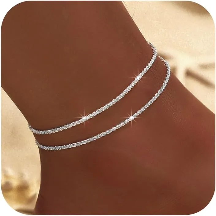 koperin Ankle Bracelets for WomenSilver Layered Glitter Waterproof Anklet for Women 14K Gold Plated Anklets Sterling Silver Layered Moon Pendant Anklet Summer Beach Waterproof Anklet for Women