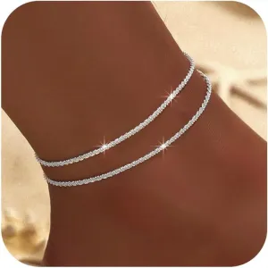 koperin Ankle Bracelets for WomenSilver Layered Glitter Waterproof Anklet for Women 14K Gold Plated Anklets Sterling Silver Layered Moon Pendant Anklet Summer Beach Waterproof Anklet for Women