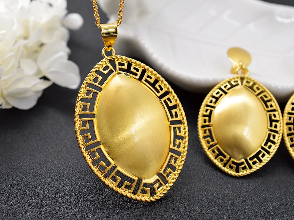 Ladies Elegant Gold Filled Oblong Great Wall Cutout Smooth Pendant & Earring Set