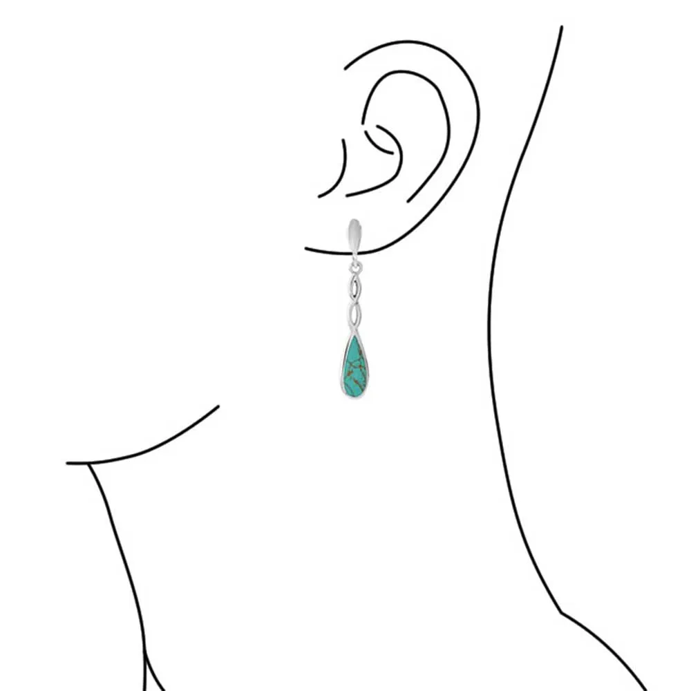 Linear Infinity Spiral Twist Teardrop Dangle Gemstone Earrings Blue Turquoise Sterling Silver