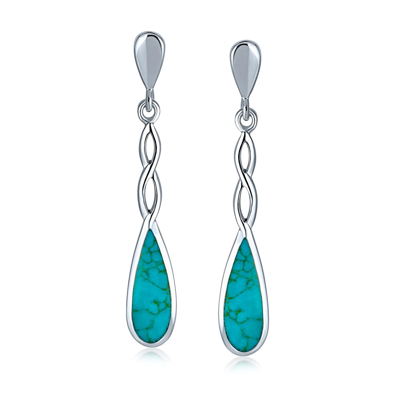 Linear Infinity Spiral Twist Teardrop Dangle Gemstone Earrings Blue Turquoise Sterling Silver
