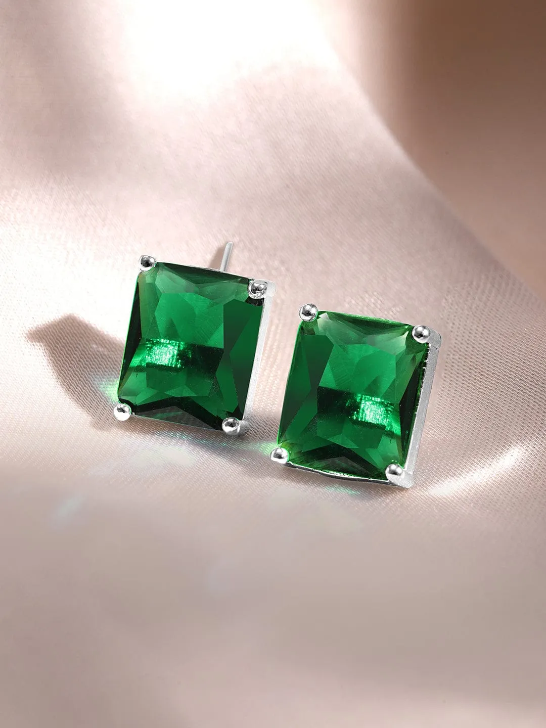 Luxurious Rhodium-Plated Emerald & CZ Studded Pendant Necklace Set