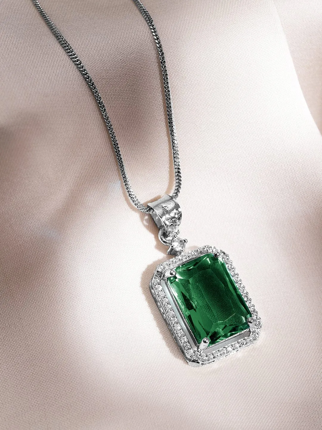 Luxurious Rhodium-Plated Emerald & CZ Studded Pendant Necklace Set