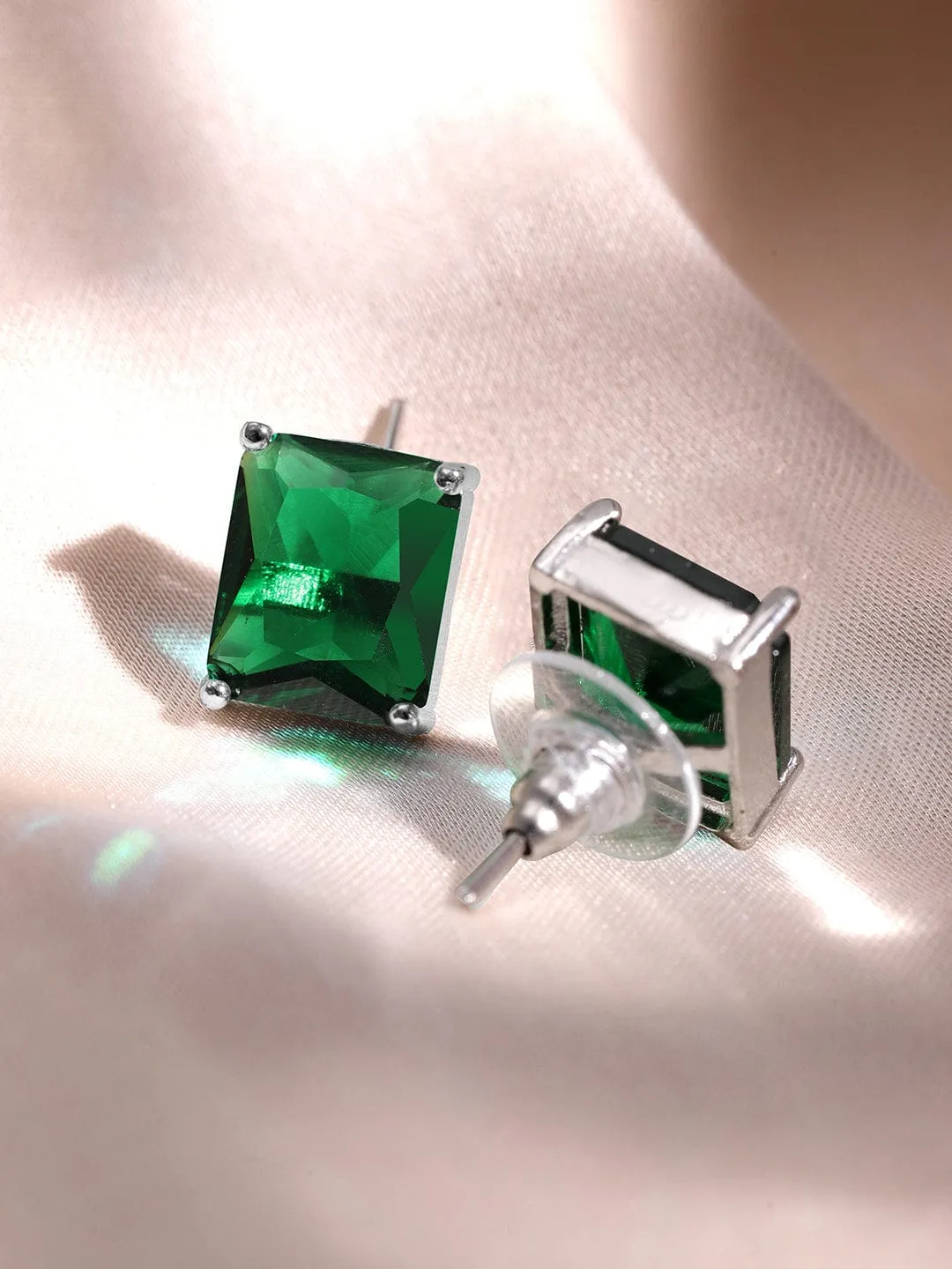 Luxurious Rhodium-Plated Emerald & CZ Studded Pendant Necklace Set