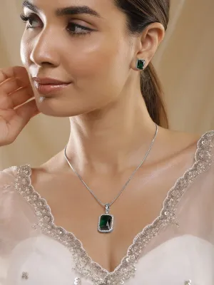 Luxurious Rhodium-Plated Emerald & CZ Studded Pendant Necklace Set