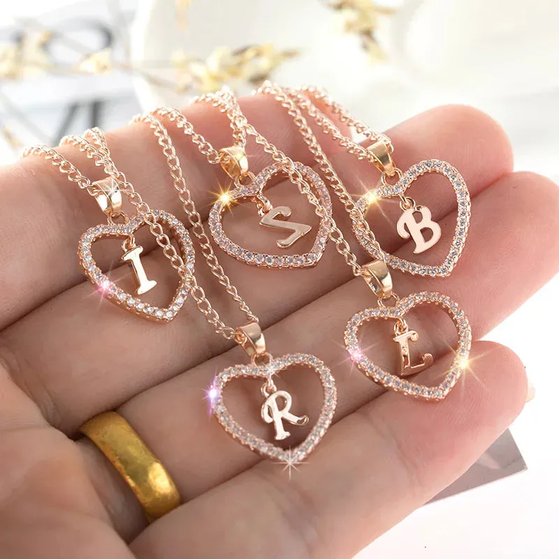 Luxury Crystal Heart Initial Letter Rose Gold Color Pendant Chain Necklace for Women Love Jewelry Accessories