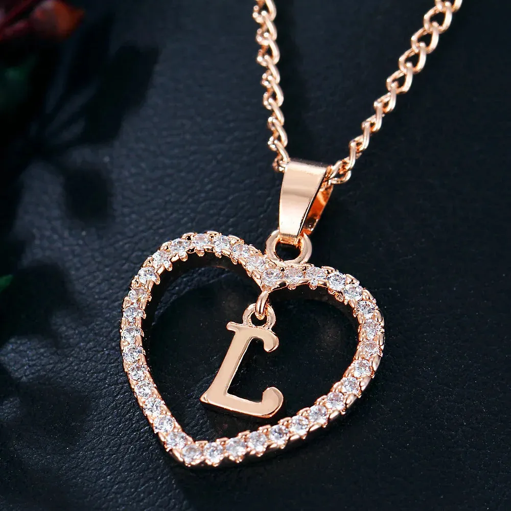 Luxury Crystal Heart Initial Letter Rose Gold Color Pendant Chain Necklace for Women Love Jewelry Accessories
